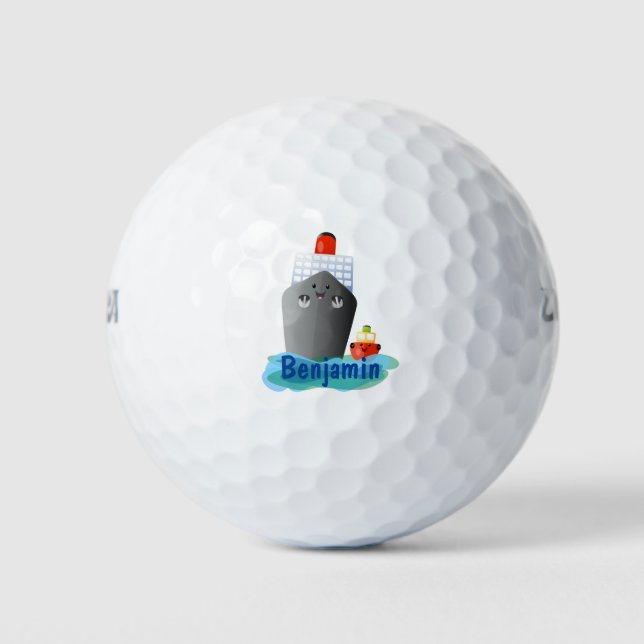 Cute ocean liner ship tug cartoon illustration golf balls (Front)