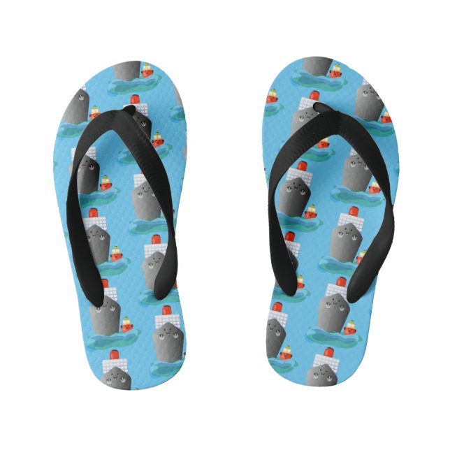 Cute ocean liner ship tug cartoon illustration kid's flip flops (Footbed)