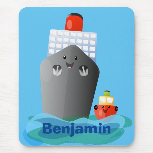 Cute ocean liner ship tug cartoon illustration mouse mat (Front)
