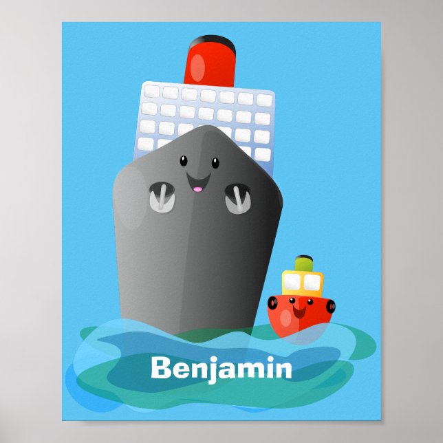 Cute ocean liner ship tug cartoon illustration poster (Front)