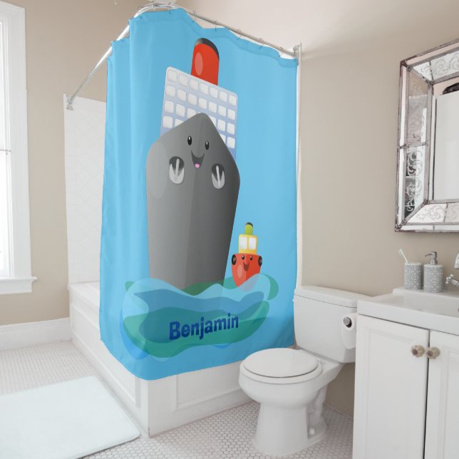 Cute ocean liner ship tug cartoon illustration shower curtain (In Situ)