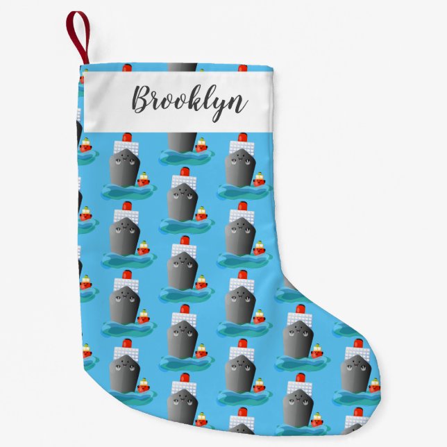 Cute ocean liner ship tug cartoon illustration small christmas stocking (Front)