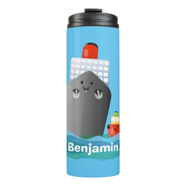 Cute ocean liner ship tug cartoon illustration thermal tumbler (Front)
