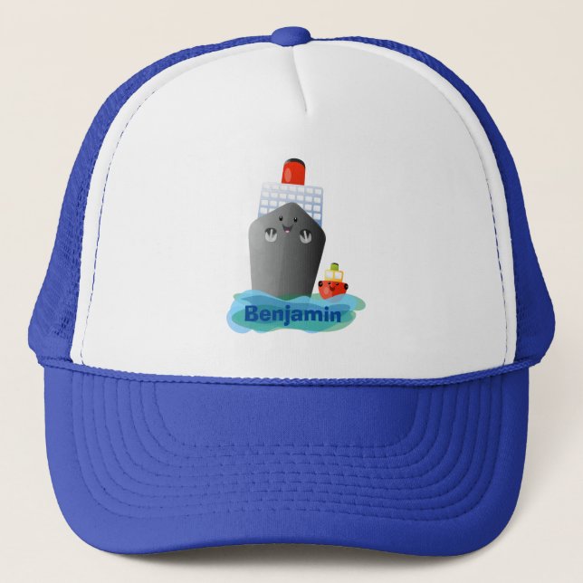 Cute ocean liner ship tug cartoon illustration trucker hat (Front)