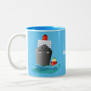 Cute ocean liner ship tug cartoon illustration Two-Tone coffee mug