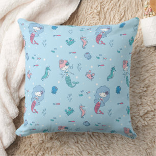 Cute Ocean Mermaids and Sea Creatures Pattern Cushion