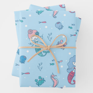 Cute Ocean Mermaids and Sea Creatures Pattern Wrapping Paper Sheet