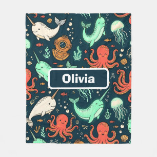 Cute Ocean Narwhal Octopus and Jellyfish Fleece Blanket