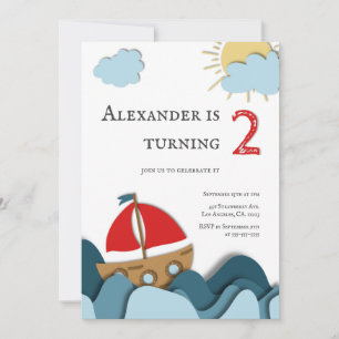 Cute Ocean Nautical Sail Boat Boy 2nd Birthday Invitation