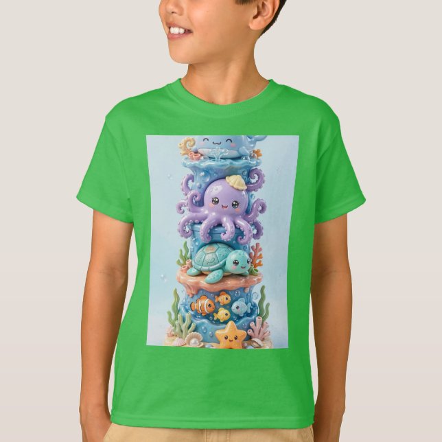 Cute Ocean Sea Animals Stack Tower 3D  T-Shirt (Front)