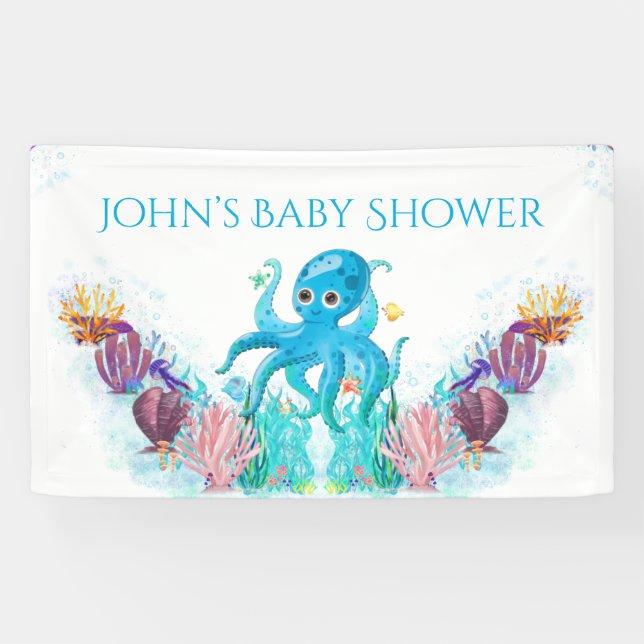 Cute Ocean Sea boy Octopus Colourful Baby Shower Banner (Horizontal)