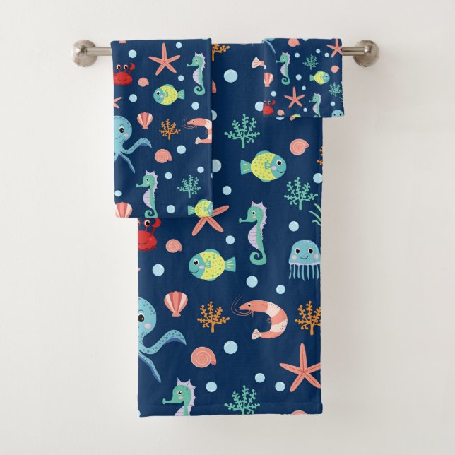 Cute Ocean Sea Life Pattern Bath Towel Set (Insitu)