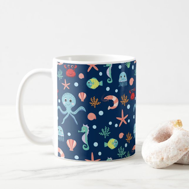 Cute Ocean Sea Life Pattern Coffee Mug (With Donut)