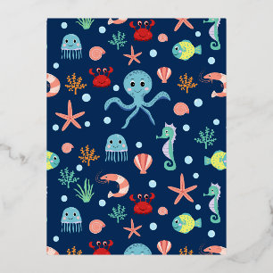 Cute Ocean Sea Life Pattern Foil Holiday Postcard