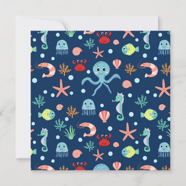 Cute Ocean Sea Life Pattern Invitation (Front)