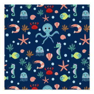 Cute Ocean Sea Life Pattern Poster