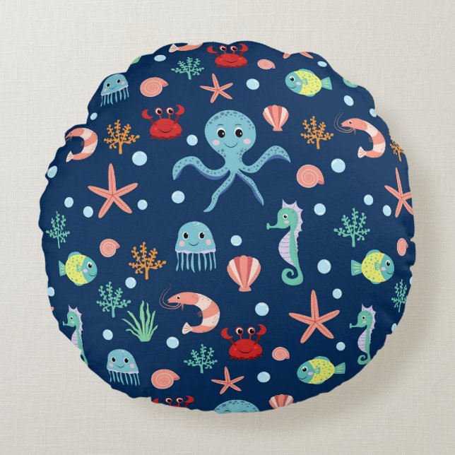 Cute Ocean Sea Life Pattern Round Cushion (Front)
