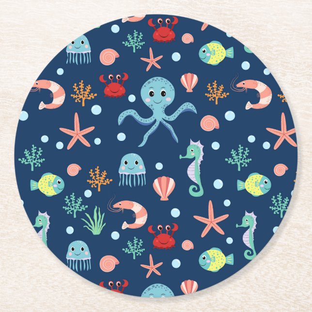 Cute Ocean Sea Life Pattern Round Paper Coaster (Front)