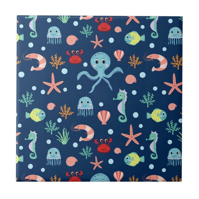 Cute Ocean Sea Life Pattern Tile (Front)