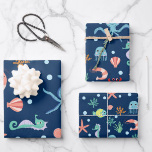 Cute Ocean Sea Life Pattern Wrapping Paper Sheet