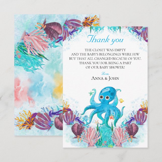 Cute Ocean Sea Octopus Colourful Baby Fawn Thank Y Thank You Card (Front/Back)