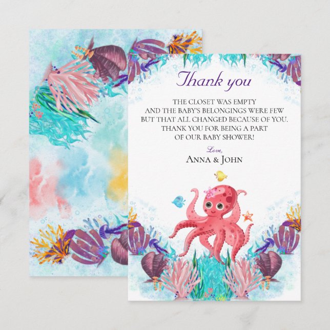 Cute Ocean Sea Octopus Colourful Baby Fawn Thank You Card (Front/Back)