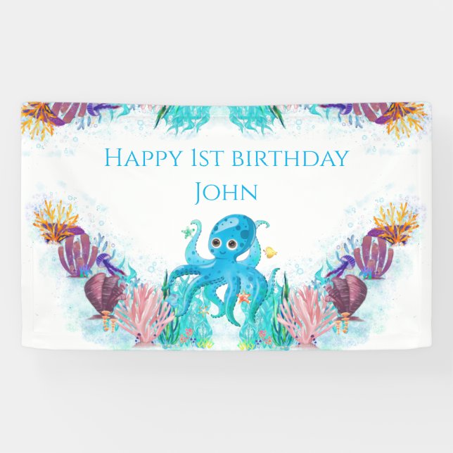 Cute Ocean Sea Octopus colourful Happy Birthday  B Banner (Horizontal)