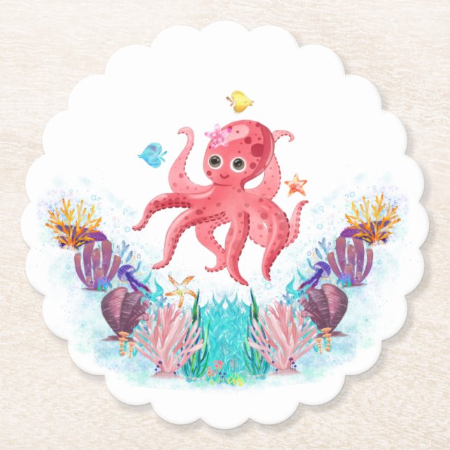 Cute Ocean Sea Octopus With Colourful Seashells Paper Coaster (Front)