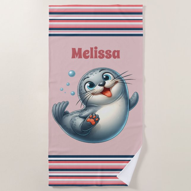 Cute ocean seal add name beach towel (Front)