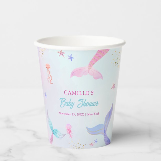 Cute Ocean Summer Mermaid Tail Baby Shower Paper Cups (Front)