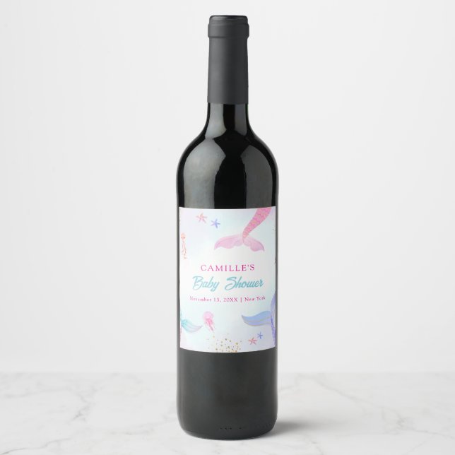 Cute Ocean Summer Mermaid Tail Baby Shower Wine Label (Front)