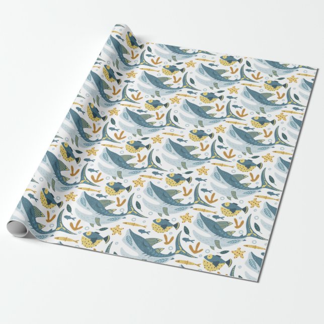 Cute Ocean Under The Sea Shark Animals Pattern Wrapping Paper (Unrolled)