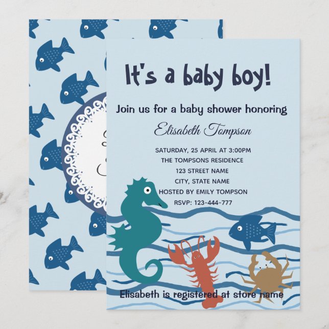 Cute ocean world boy baby shower invitation (Front/Back)