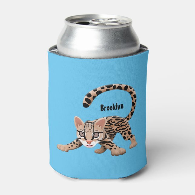 Cute ocelot cartoon illustration can cooler (Can Front)