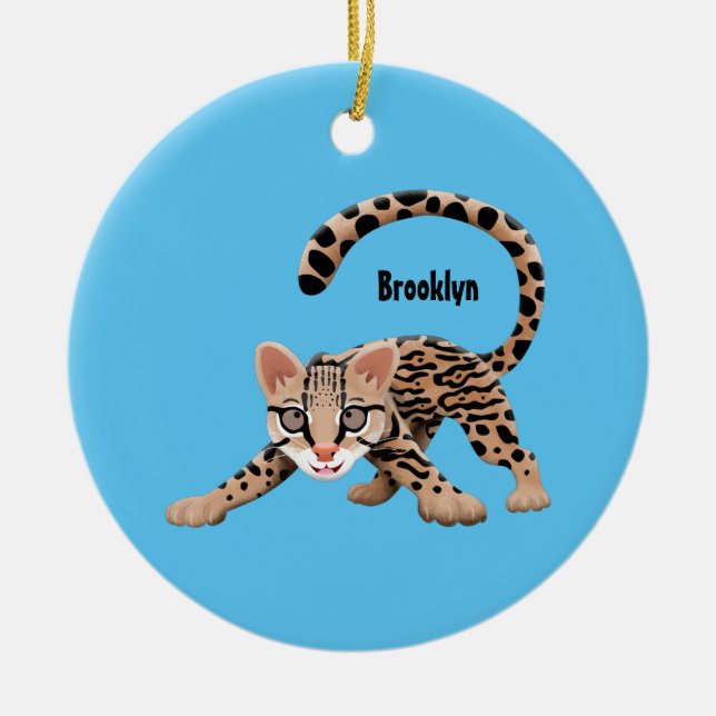 Cute ocelot cartoon illustration ceramic tree decoration (Front)