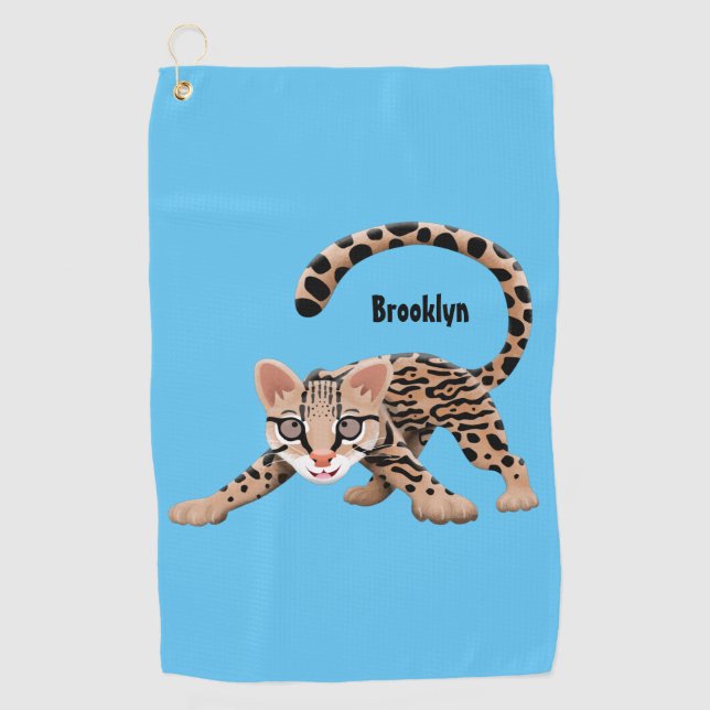 Cute ocelot cartoon illustration  golf towel (Front)