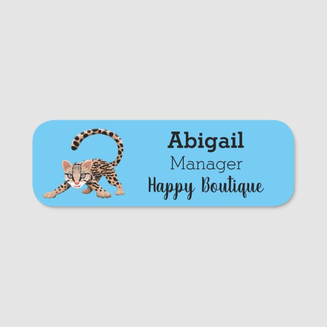 Cute ocelot cartoon illustration name tag (Front)