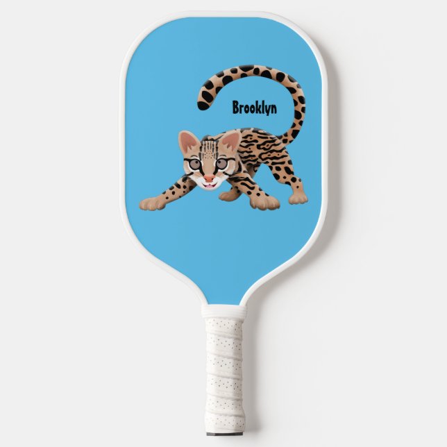 Cute ocelot cartoon illustration pickleball paddle (Front)