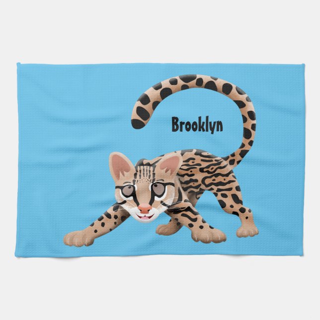Cute ocelot cartoon illustration  tea towel (Horizontal)