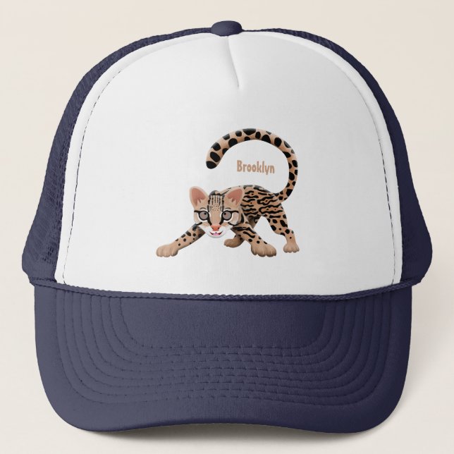 Cute ocelot cartoon illustration  trucker hat (Front)