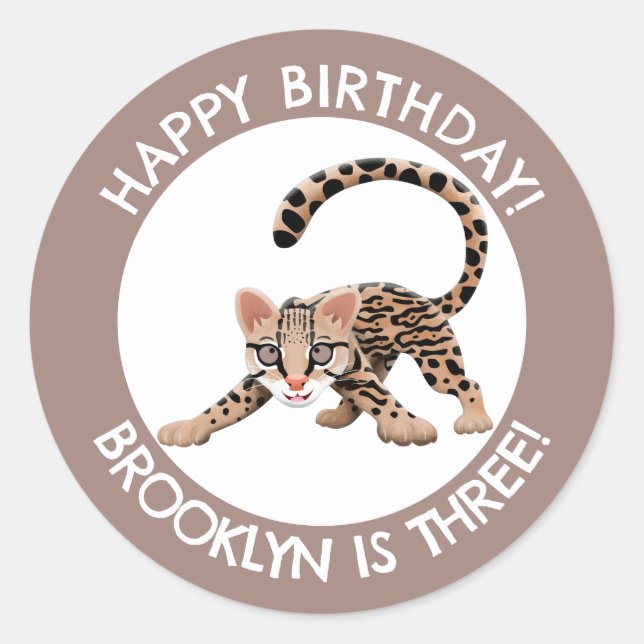 Cute ocelot cartoon personalised birthday classic round sticker (Front)
