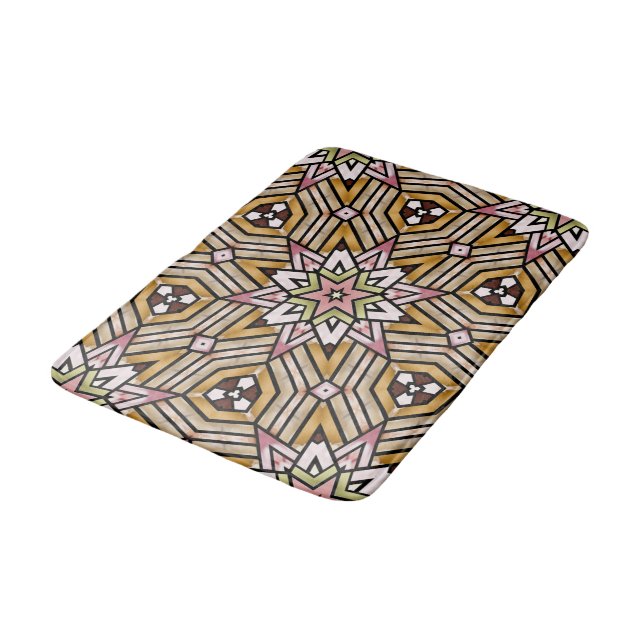 Cute Ochre Yellow Brown Pink Mosaic Pattern Bath Mat (Angled)