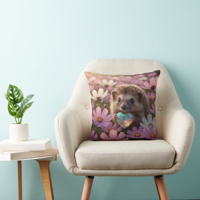 Cute October Hedgehog with Opal Heart Cushion (Chair)