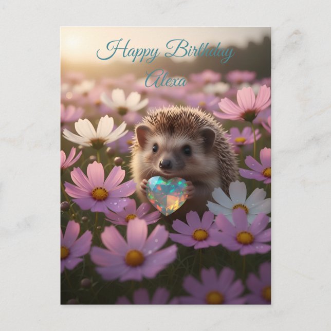 Cute October Hedgehog with Opal Heart Postcard (Front)