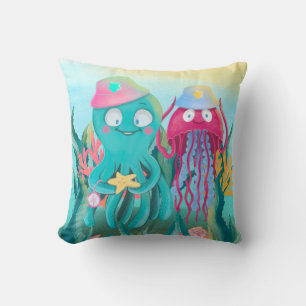 Cute Octopus and Jellyfish  Throw Pillow