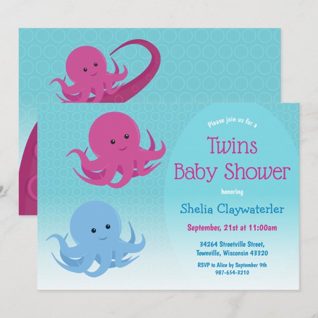 Cute Octopus Animal Twin Baby Shower Invitation (Front/Back)