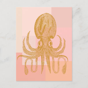 Cute Octopus Art Illustration in Pink and Gold Postcard