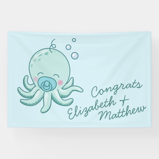 Cute Octopus Baby Shower Kawaii Blue Boy Banner (Horizontal)