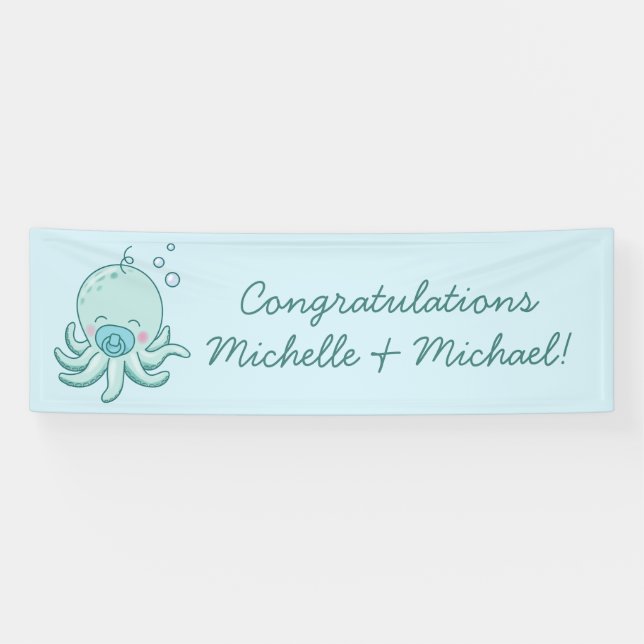 Cute Octopus Baby Shower Kawaii Blue Boy Banner (Horizontal)
