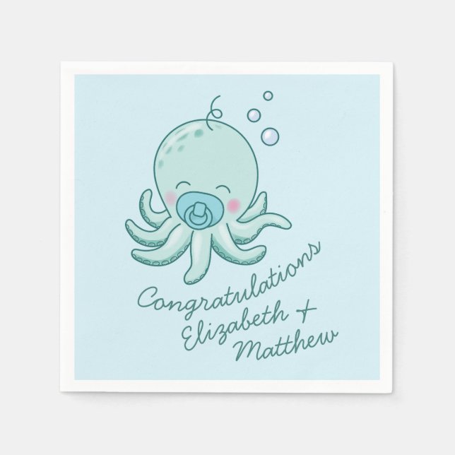 Cute Octopus Baby Shower Kawaii Blue Boy Napkin (Front)